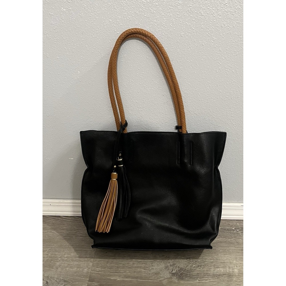 Black Vegan Leather Tote‎ Braided Strap
